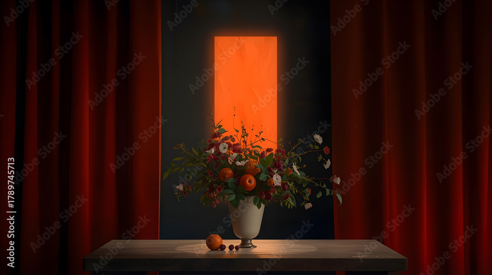 Fototapeta premium a vase with flowers and oranges on a table