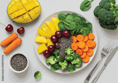 Healthy fruit vegetable plate, colorful nutrition dish, fresh produce assortment, chia seed garnish, wellness food styling, vibrant salad layout, clean eating