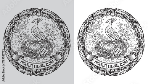 Phoenix's Eternal Bloom: Bird on Nest with Cherry Blossoms and Vine Frame