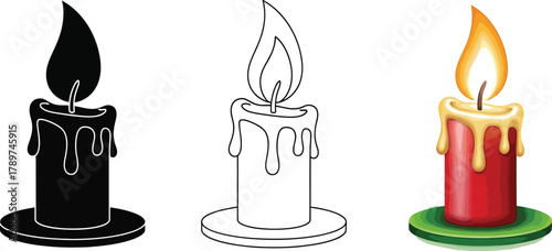 Three christmas candles in different styles silhouette, outline and color version with flame and wax drips