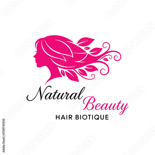 Natural Beauty Hair Boutique Logo with Elegant Leafy Hair Design
