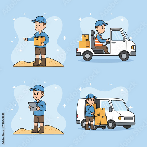 Delivery person characters and vehicles in four different poses and scenarios