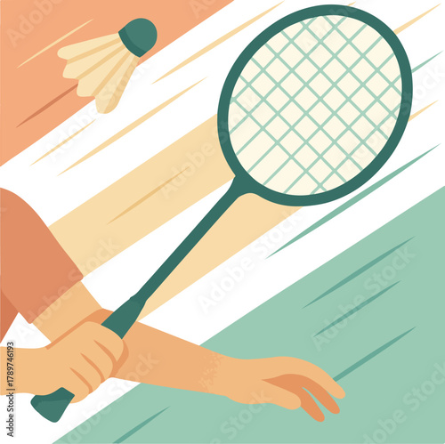 Badminton racket hitting shuttlecock with abstract background