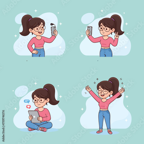 Young woman engaged in digital activities and expressing joy