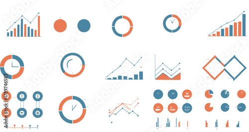Minimalist data visualization set, infographic charts, bar graph, pie chart, line graph, analytics icons, business report, dashboard elements, statistics