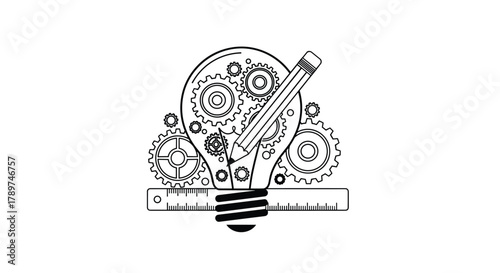 Ingenious lightbulb concept sparks bright ideas with intricate gears and pencil for creative problem solving