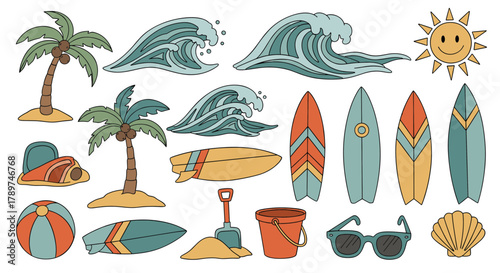 A collection of retro-style beach and surfing themed illustrations and icons.