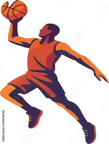 Basketball player dunking orange ball purple uniform