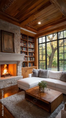 Cozy fireplace crackling in elegant living room as the leaves turn golden outside the window, creating a warm and inviting autumn scene