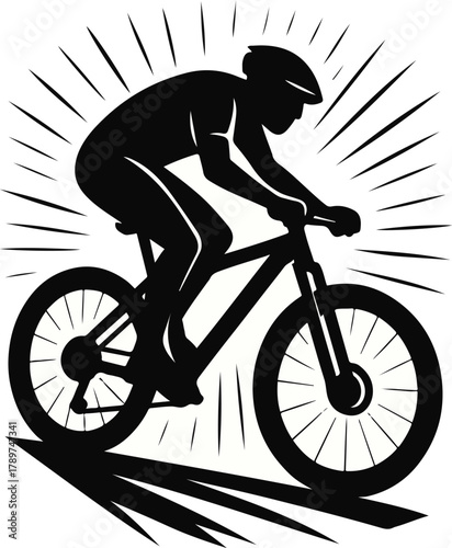 Black silhouette of a cyclist on a bicycle with radiating lines