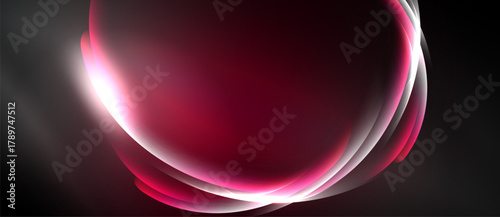 Abstract design features flowing curves, vibrant reds, whites. Dark background emphasizes luminous shapes, creating dynamic visual impact.