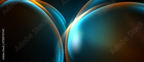 Abstract spheres, vibrant colors, smooth gradients. Dynamic composition creates futuristic feel. Light reflections enhance visual depth.