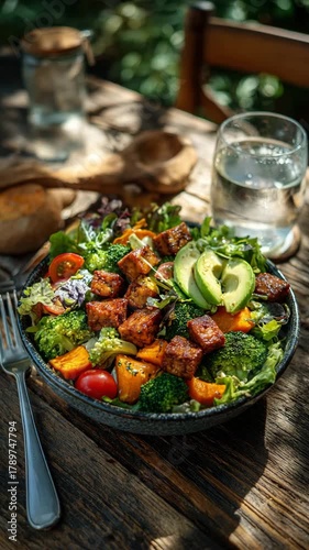 Dynamic close-up of a vibrant vegan salad with tempeh, avocado, broccoli, and tomatoes, perfect for healthy eating and a modern lifestyle