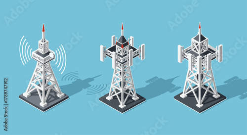 Modern communication towers broadcast signals, representing connectivity and technological advancement in a clean, isometric style