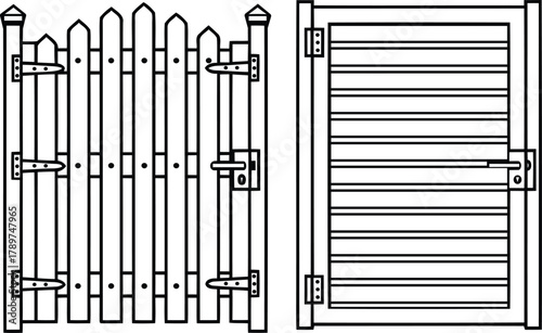 Simple line art of two different wooden fence gates with latches.