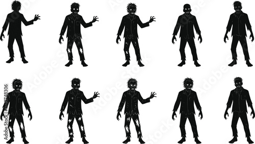Zombie Silhouettes in Ragged Clothing, Black Figures with White Details, Horror Theme, Halloween, Creepy Poses, Undead Characters, Stylized Motion, Eerie Mood