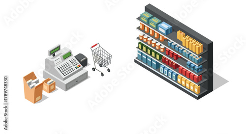 Modern retail scene with grocery shelves, cash register, and shopping cart, perfect for e-commerce and store concepts