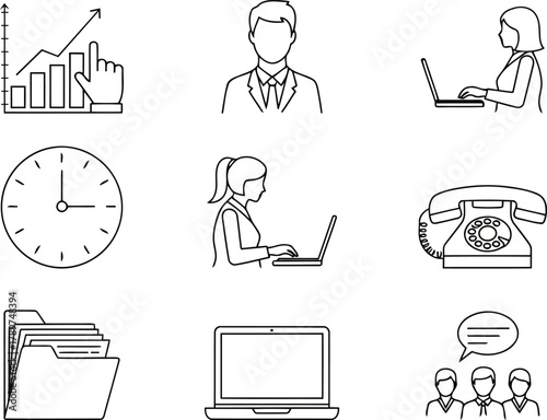 Business and office management line art icons for corporate use