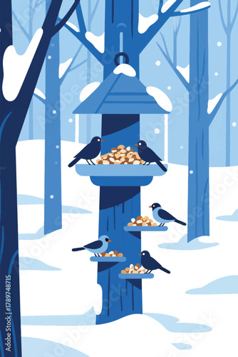 Vector illustration of birds feeding on snowy forest bird feeder. Peaceful winter scene with trees, snowflakes, and cold atmosphere in blue tones.