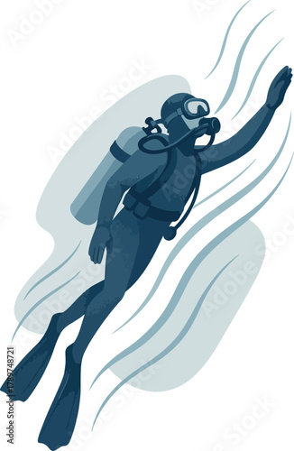Dark blue diver with scuba gear swimming underwater