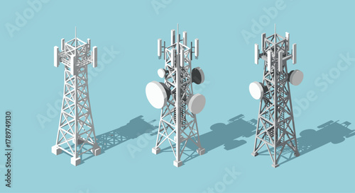 Modern communication towers stand tall against a clear blue sky, symbolizing connectivity and technological advancement for global networks