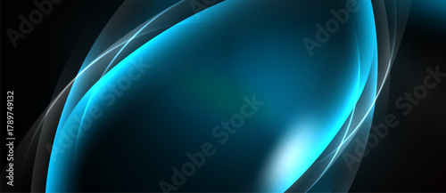 Abstract flowing shapes, vibrant blue hues dominate dark background. Smooth gradients create dynamic visual effect. Modern design.