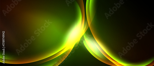 Abstract design features vibrant green, yellow, brown hues. Smooth curves create dynamic, flowing composition. Dark background emphasizes luminosity.