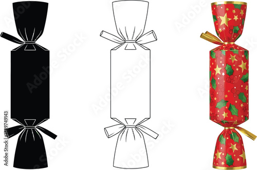 Christmas cracker in silhouette, outline and color, a festive party favor for holiday season