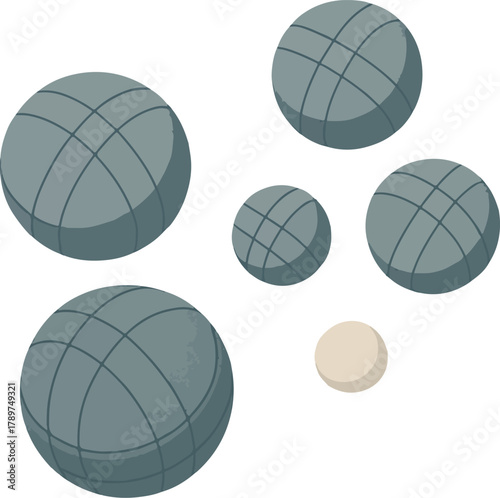 Five grey petanque balls and one white jack boules