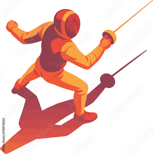 Fencer in orange and red suit lunging with foil fencing