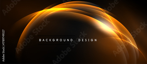 Abstract orange lines create glowing curves. Dark background emphasizes bright, dynamic design elements. Modern aesthetic.