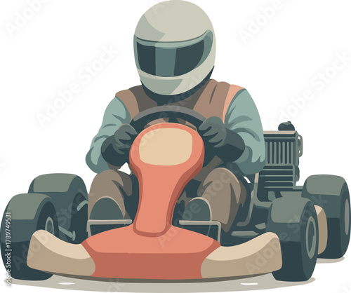 Go kart racer in helmet driving on white background