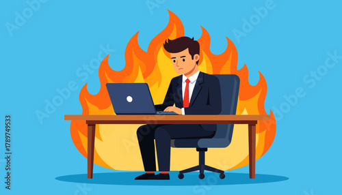Businessman experiencing professional burnout and extreme stress at work, a conceptual illustration of an overwhelmed employee on fire with pressure