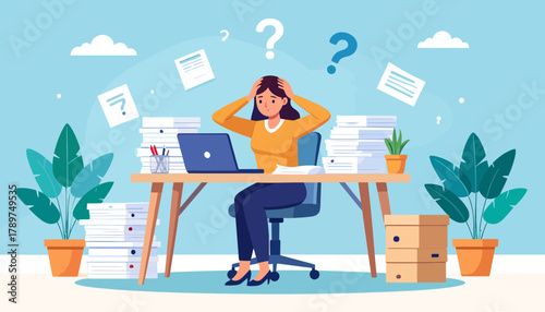 Overwhelmed Office Worker Experiencing Burnout and Stress at Desk with Piles of Paperwork