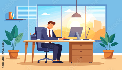 Office Burnout and Stress A Stressed Professional at Desk, Overworked in a Bright Office with City View