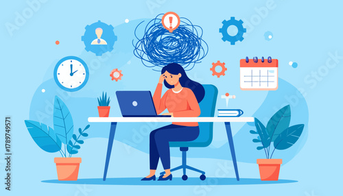 Woman experiencing burnout, stress, and feeling overwhelmed at work due to excessive workload