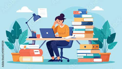 Overwhelmed Woman Experiencing Burnout and Stress at Work