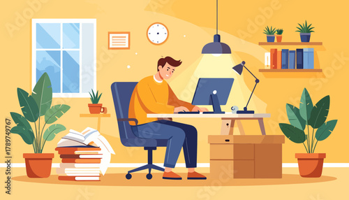 Illustration of a young man experiencing professional burnout and stress from overworking at his home office desk late at night