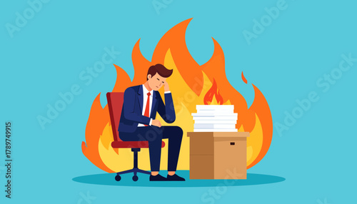 Office worker battling job burnout and work stress, metaphorically burning from excessive workload, symbolizes professional exhaustion and career pressure