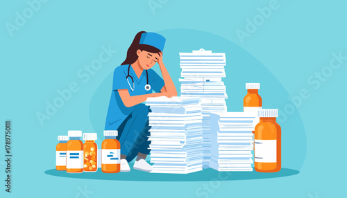 Burnout and stress Overwhelmed nurse surrounded by immense paperwork and medicine bottles, illustrating the demanding reality of healthcare work