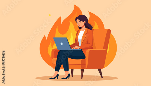 A woman experiencing burnout and stress while working on her laptop in a fiery, overwhelming environment