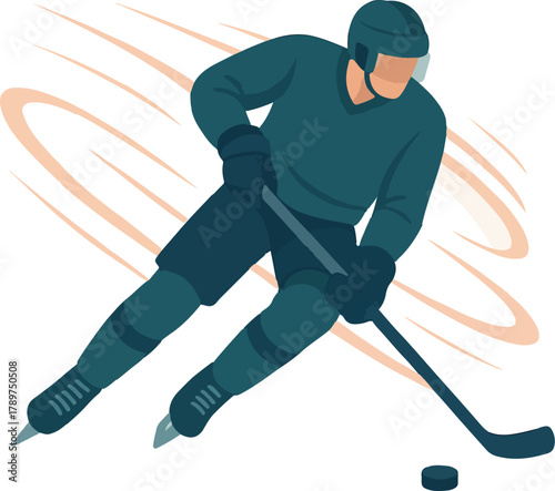 Ice hockey player in teal uniform skating with stick and puck