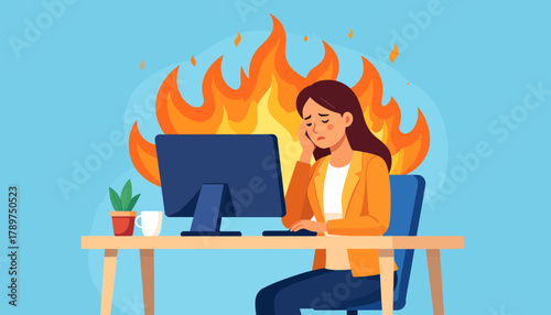 Illustration of a stressed businesswoman experiencing professional burnout at her office desk with computer and flames, a metaphor for overwork and exhaustion