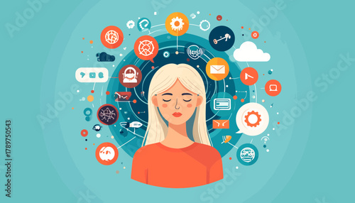 Conceptual illustration of a woman practicing mindfulness to manage multitasking, avoiding professional burnout and mental stress from information overload