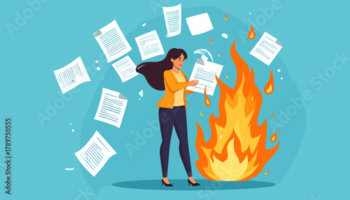 Conceptual illustration of professional burnout and emotional stress, a woman is burning overwhelming documents in a fire