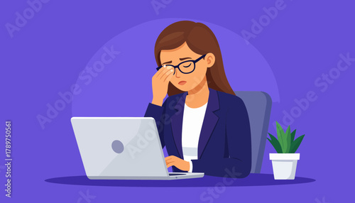 Illustrating the concept of professional burnout and workplace stress affecting a woman at her desk