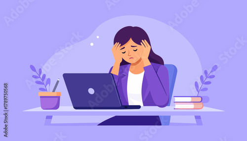 Burnout and Stress A Stressed Woman at Work Overwhelmed by Her Laptop and Workload
