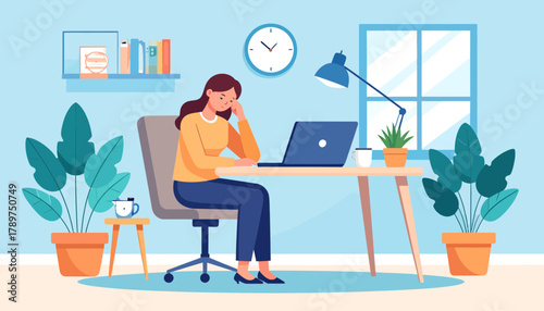 A young woman experiencing intense work-related burnout and stress, feeling overwhelmed and exhausted while working on her laptop in a demanding home office environment