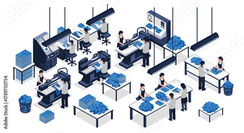 Efficient textile factory workers meticulously process garments on modern assembly lines, ensuring quality production and streamlined operations