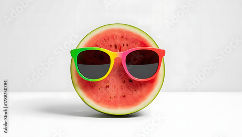 Freshly cut slice of watermelon wearing trendy sunglasses, fun and creative summer fruit concept isolated on white background, symbolizing vacation and freshness